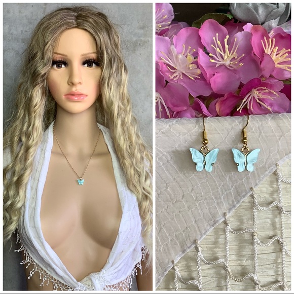 🌸 2PC: EARRINGS & NECKLACE BOHO SET BUTTERFLY BUNDLE SET BLUE FAIRY PRETTY CHIC - Picture 10 of 11